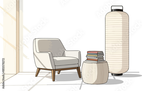 Minimalist Interior Design with Armchair and Lantern.
