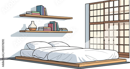 Minimalist Japanese style bedroom with platform bed and shoji screen.