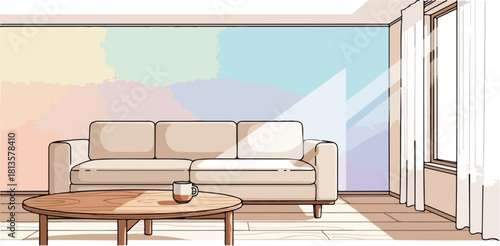 Minimalist living room interior with sofa and coffee table.