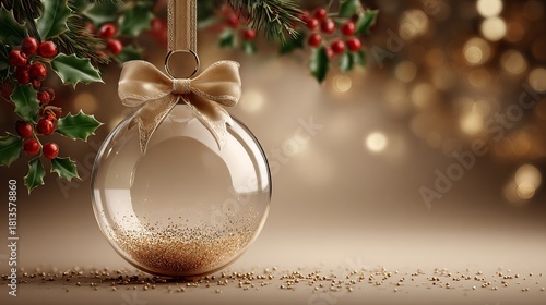 Single large crystal Christmas bauble with gold bows and holly, festive champagne background with bokeh, elegant holiday centerpiece photoshoot mockup