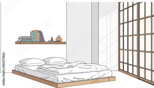 Minimalist bedroom interior with a low bed and a shelf of books.