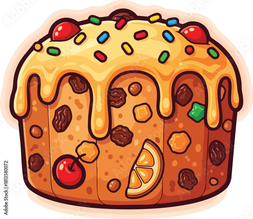 Illustration of a decorated Christmas pudding with icing and candies on top against a clean white background.