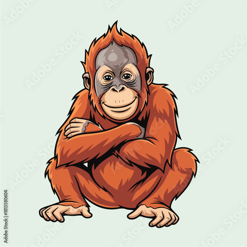 Adorable baby orangutan sitting with arms crossed smiling sweetly.