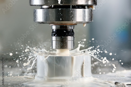 Automated metal machining process with water coolant splashing abstract