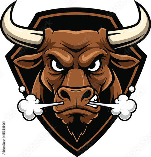 Angry bull head mascot vector illustration, aggressive animal face with smoke and shield background, isolated for sports team logo design