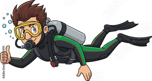 Cartoon scuba diver swimming underwater giving thumbs up, wearing black wetsuit and yellow mask, isolated vector illustration for summer water sports design