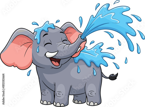 Cute cartoon baby elephant spraying water on itself, happy animal character taking bath and splashing, isolated vector illustration for kids design