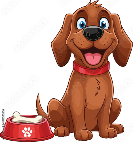 Happy cartoon brown dog sitting with red collar, smiling near food bowl with bone, isolated vector illustration for pet care design
