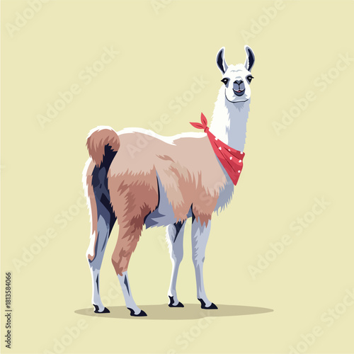 Cute Llama Wearing a Red Bandana Standing on a Light Background.