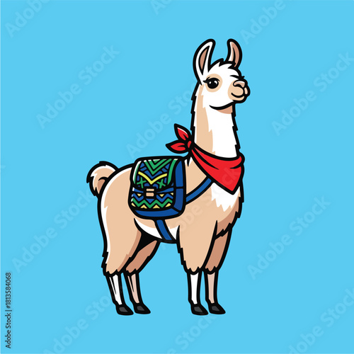 Cute Llama Wearing a Red Bandana and Saddle Bag.