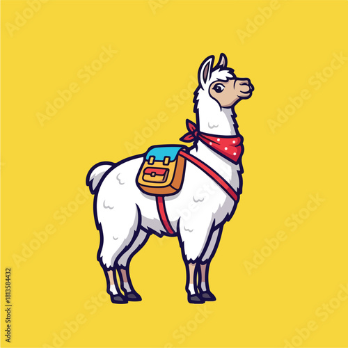Cute Llama Wearing a Red Bandana and Saddle Bag on a Yellow Background.