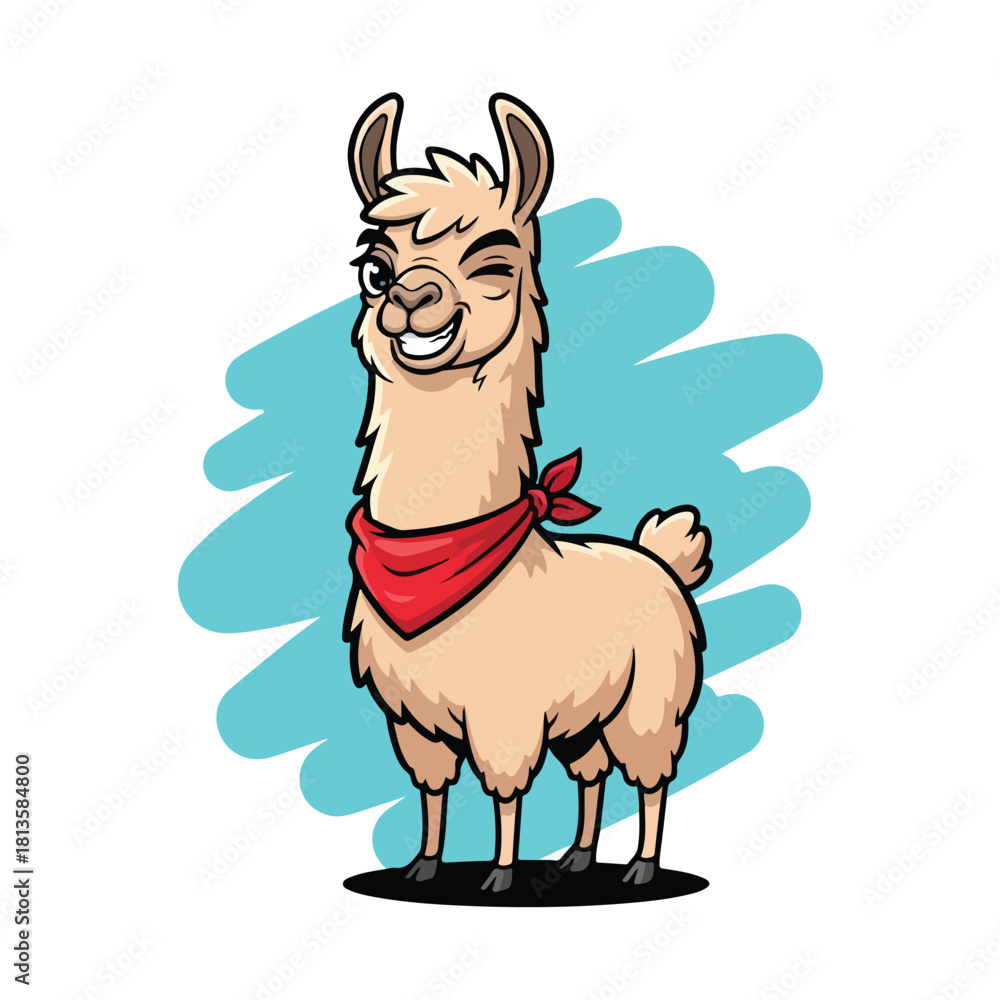 Obraz premium Cute Llama Winking with a Red Bandana.