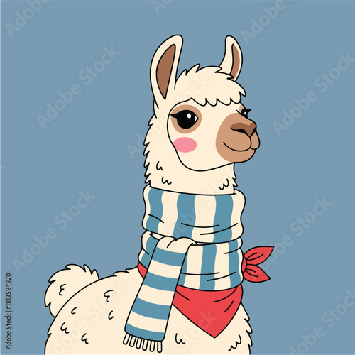 Cute Llama Wearing a Striped Scarf and Red Bandana.