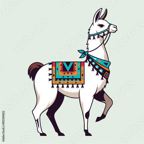 Cute Llama with Colorful Blanket and Headpiece Illustration.
