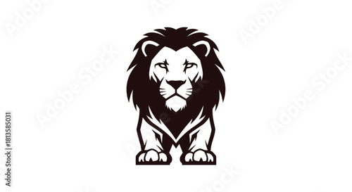 Bold black and white lion emblem with detailed mane and focused gaze