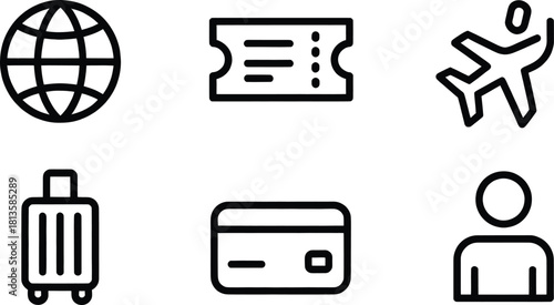 Travel and Airport Line Icons Set – Tourism, Flight Ticket, Luggage, Navigation, Minimal Vector Collection.
