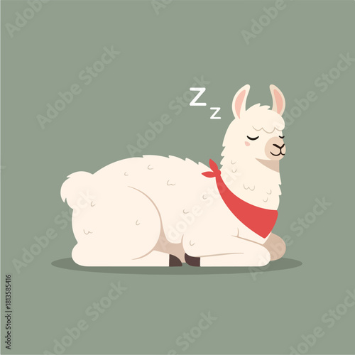 Cute sleeping llama with red bandana vector illustration.