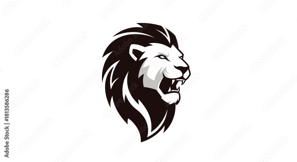 Fototapeta premium Bold black and white lion head logo design on a plain white background