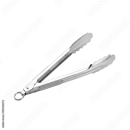 Stainless Steel Kitchen Tongs with Serrated Edges and Ring for Hanging Isolated on a Black Background with Soft Lighting Reflecting on the Metal Surface