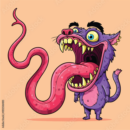 Funny purple monster with long tongue cartoon illustration.