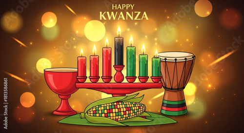Kwanzaa celebration with traditional kinara candles unity cup symbolic corn and vibrant drum arranged in festive African colors creating warm cultural atmosphere on glowing background for commercial 
