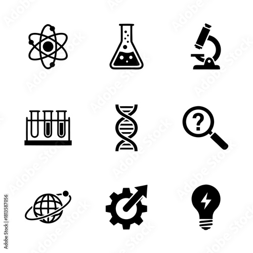 Science and innovation icons representing research, technology, and discovery