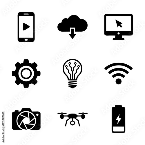 Collection of modern technology icons in black and white