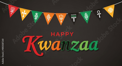 Happy Kwanzaa celebration with African festive banner symbols and colorful decorative flags representing unity heritage culture tradition and community spirit on dark background created for commercial