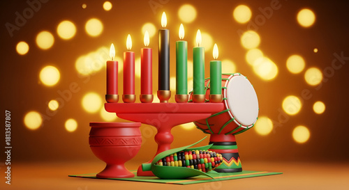 Kwanzaa celebration with traditional kinara candles unity cup symbolic corn and vibrant drum arranged in festive African colors creating warm cultural atmosphere on glowing background for commercial 