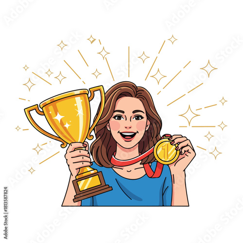 Happy woman holding a golden trophy and a medal celebrating success and achievement with a bright smile.