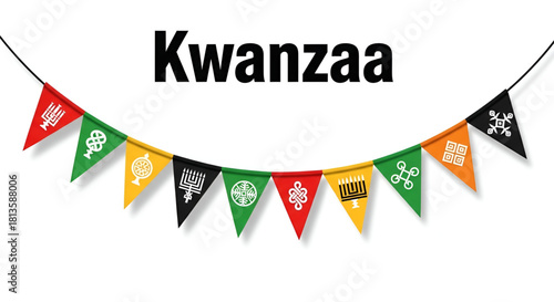 Kwanzaa celebration with African cultural symbols on colorful festive banner flags representing unity heritage tradition and community spirit on bright white background created for seasonal commercial