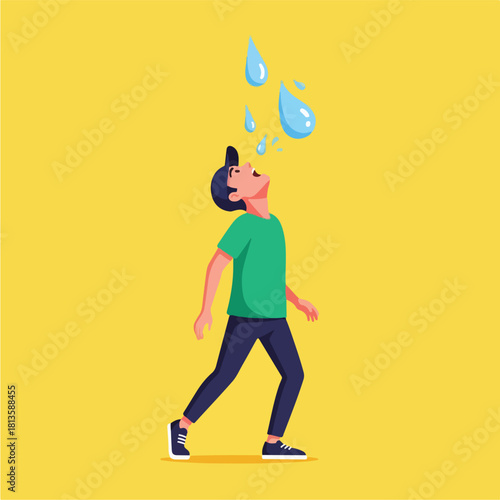 Man looking up at falling water drops feeling thirsty and dehydrated.