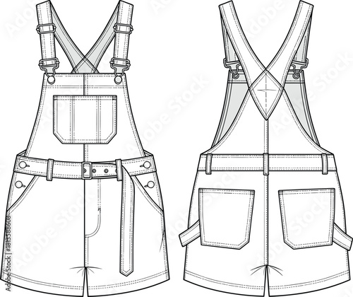 short overalls, adjustable straps, chest pocket, fashion sketch, technical illustration, flat vector, garment design, apparel 