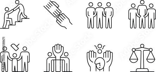 Community Support and Teamwork Line Icons Set – Social Care, Equality, Cooperation, Charity, Helping Hands Vector Illustration.