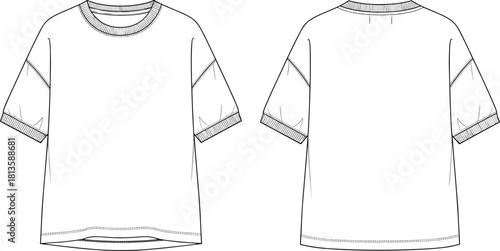 short sleeve t-shirt, crew neck, ribbed cuffs, fashion sketch, technical illustration, flat vector, garment design, apparel CAD