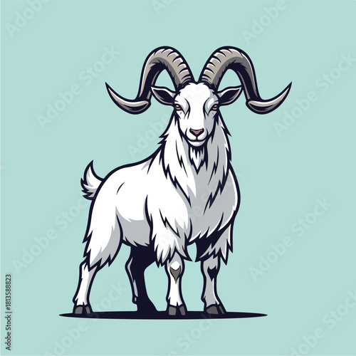 Majestic White Goat with Horns Standing Proudly.
