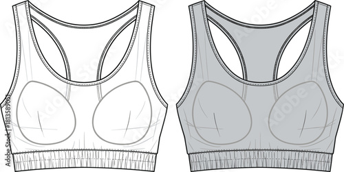 Sports bra technical sketch, fashion flat drawing, racerback design, contour cups, elastic band, garment construction, textile illustration, activewear