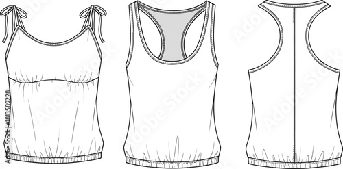 tank tops, spaghetti strap, racerback style, fashion sketch, technical illustration, flat vector, garment design, apparel CAD, 