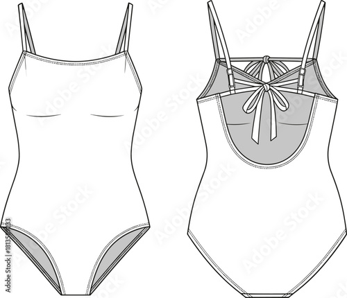 One-piece swimsuit technical sketch, front and back view, scoop neckline, crisscross straps, bow detail, fashion design