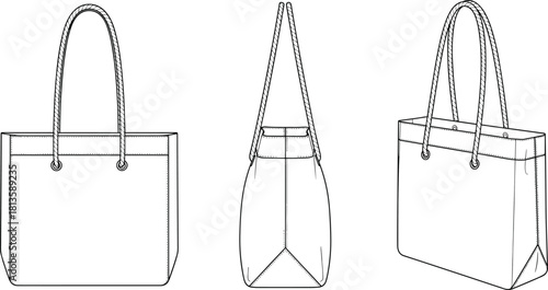Tote bag technical sketch, front, side, rear view, rope handles, grommet detail, fashion accessory design, structured base, illustration