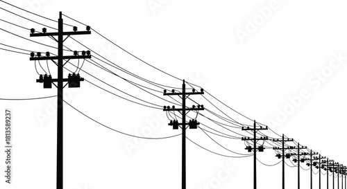 Utility pole technical sketch, power line infrastructure, electrical distribution system, crossarms, transformers, perspective drawing, engineering illustration, grid network