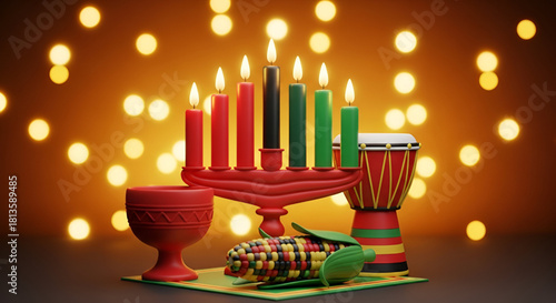 Happy Kwanzaa celebration with traditional kinara candles unity cup symbolic corn and vibrant drum illustrated in festive African colors creating warm cultural atmosphere on glowing background 