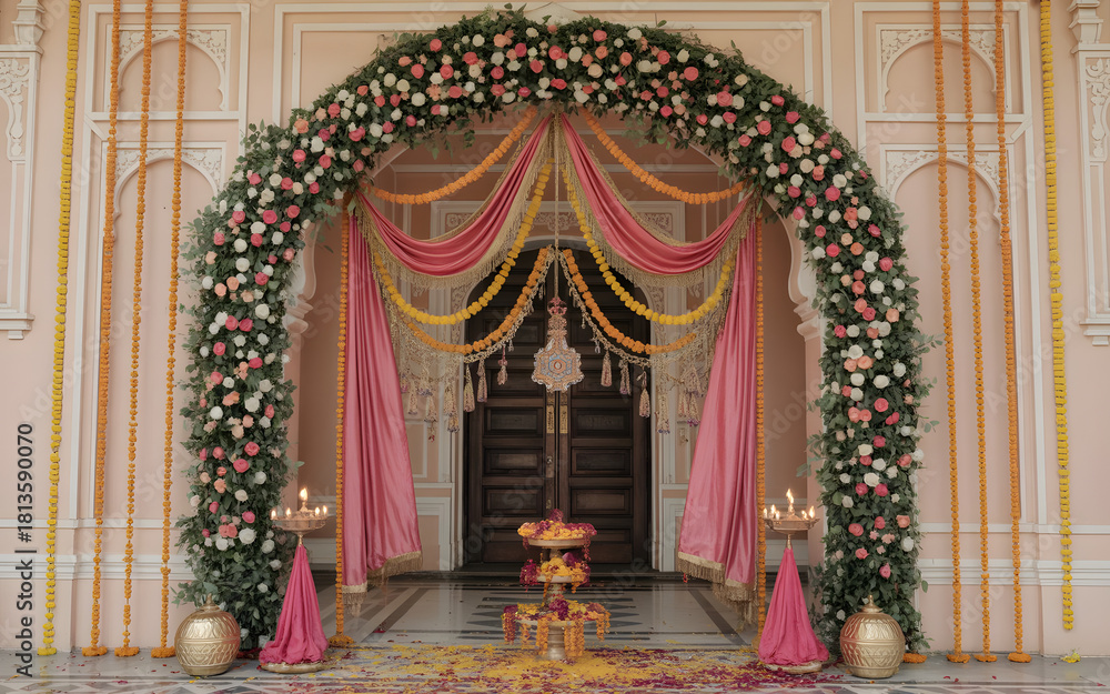 Obraz premium Royal Palace Arch Backdrop Decorated with Roses, Marigolds & Festive Lights for Dussehra Celebration