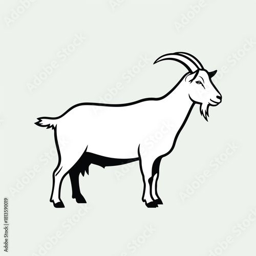 Simple black and white illustration of a goat standing.