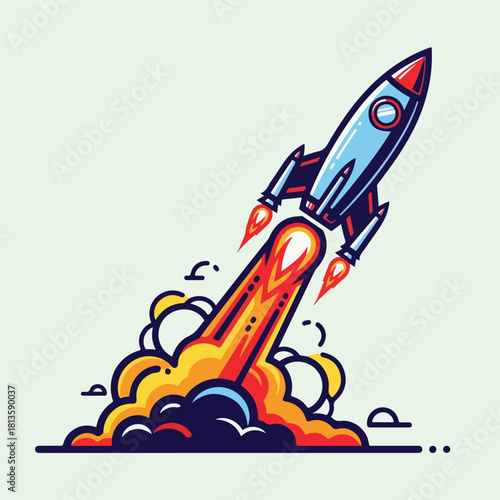 Rocket Launching into Space with Fiery Exhaust and Smoke.