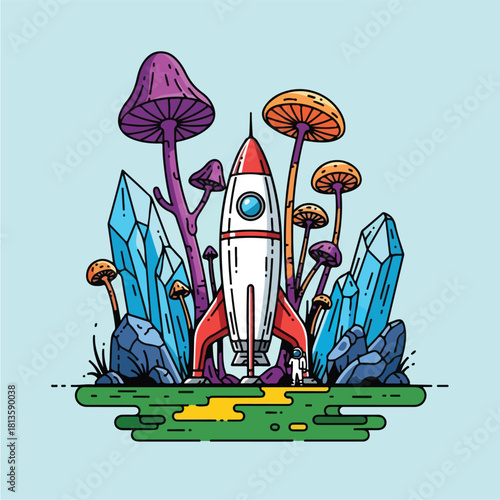 Rocket surrounded by colorful mushrooms and crystals.