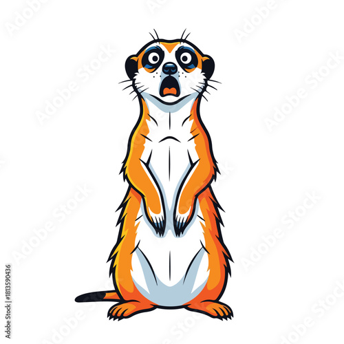 Surprised Meerkat Standing Upright with Wide Eyes and Open Mouth.
