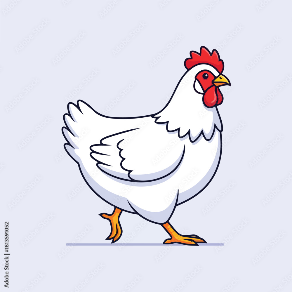 Fototapeta premium White Hen Walking Isolated on Light Background.