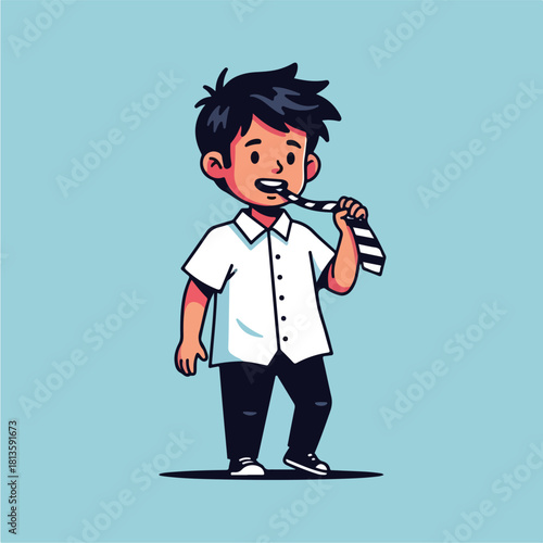 Young boy in white shirt playfully holding his striped tie.