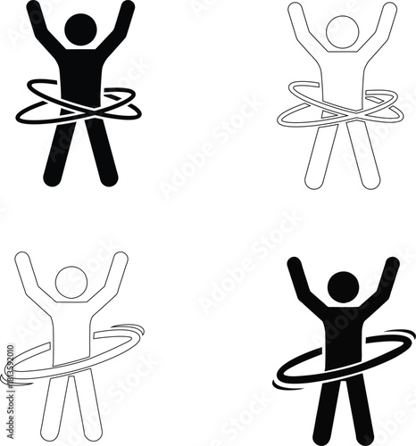 Hula Hoop Exercise Vector Icons: Stickman Fitness Workout Silhouette. Waist Slimming, Cardio & Fun Activity Pictograms